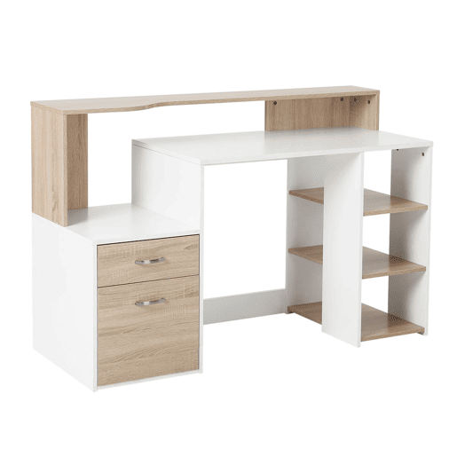HOMCOM Secretária para Computador 137x55x92cm Secretária com 3 Prateleiras 2 Gavetas e Suporte para Impressora para Escritório Estudio Branco e Carvalho