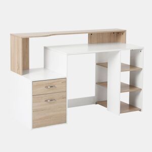 HOMCOM Secretária para Computador 137x55x92cm Secretária com 3 Prateleiras 2 Gavetas e Suporte para Impressora para Escritório Estudio Branco e Carvalho