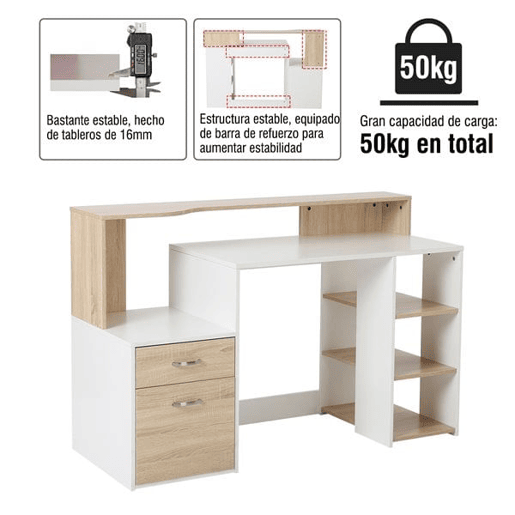 HOMCOM Secretária para Computador 137x55x92cm Secretária com 3 Prateleiras 2 Gavetas e Suporte para Impressora para Escritório Estudio Branco e Carvalho