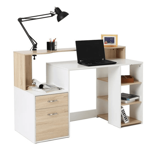 HOMCOM Secretária para Computador 137x55x92cm Secretária com 3 Prateleiras 2 Gavetas e Suporte para Impressora para Escritório Estudio Branco e Carvalho