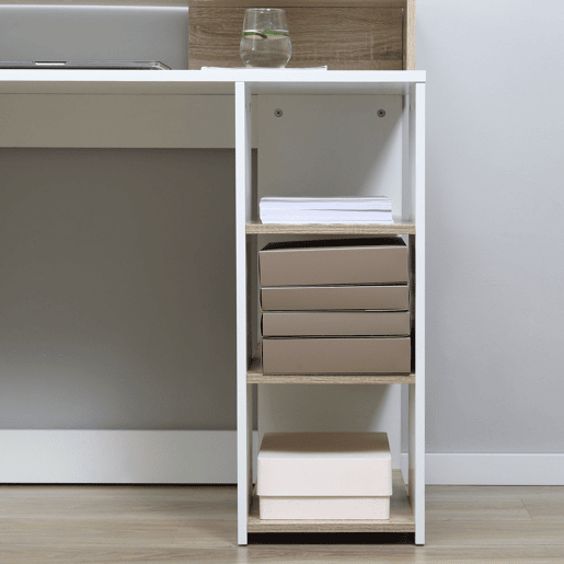 HOMCOM Secretária para Computador 137x55x92cm Secretária com 3 Prateleiras 2 Gavetas e Suporte para Impressora para Escritório Estudio Branco e Carvalho