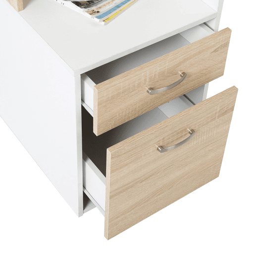HOMCOM Secretária para Computador 137x55x92cm Secretária com 3 Prateleiras 2 Gavetas e Suporte para Impressora para Escritório Estudio Branco e Carvalho