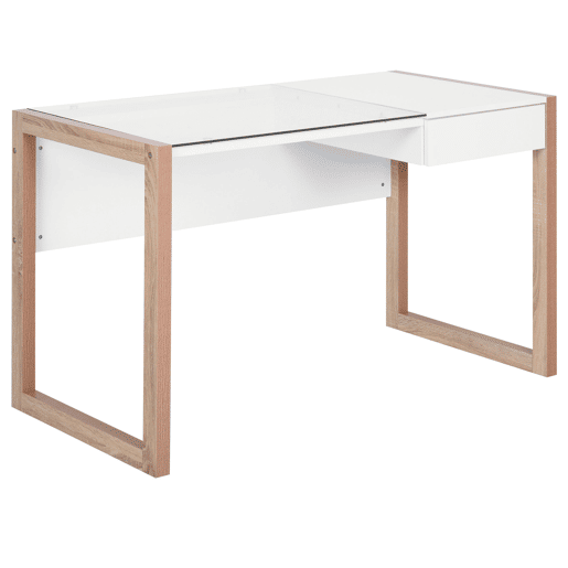 HOMCOM Secretária para escritorio estudo Design moderno com tampo de vidro temperado Gaveta Combinação de estilos 120x60x75 cm branco
