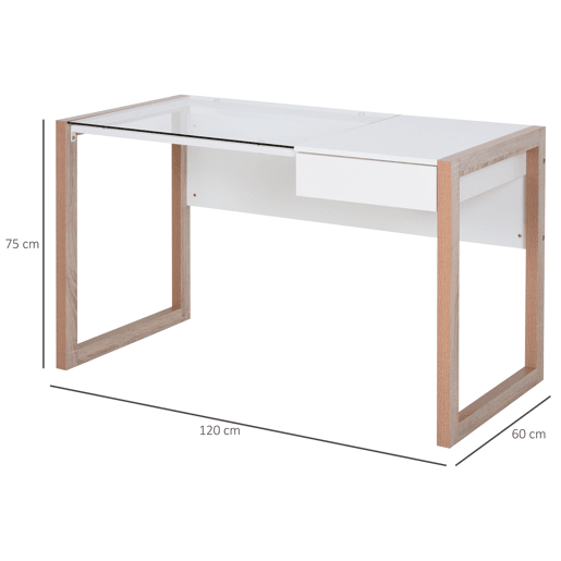 HOMCOM Secretária para escritorio estudo Design moderno com tampo de vidro temperado Gaveta Combinação de estilos 120x60x75 cm branco