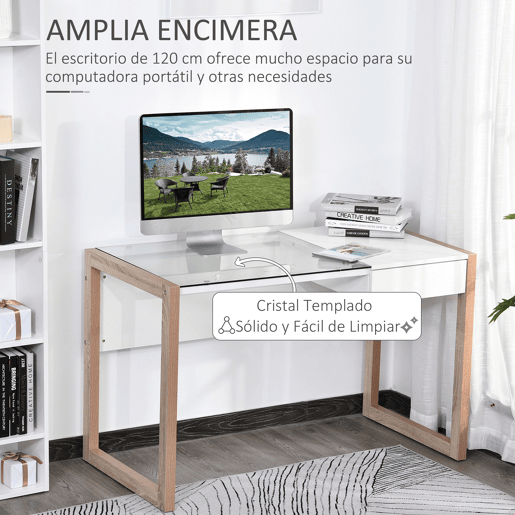 HOMCOM Secretária para escritorio estudo Design moderno com tampo de vidro temperado Gaveta Combinação de estilos 120x60x75 cm branco