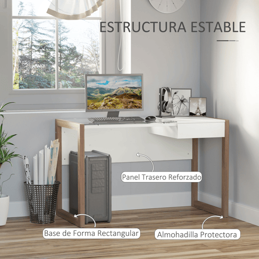 HOMCOM Secretária para escritorio estudo Design moderno com tampo de vidro temperado Gaveta Combinação de estilos 120x60x75 cm branco