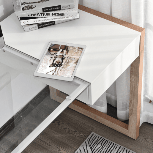 HOMCOM Secretária para escritorio estudo Design moderno com tampo de vidro temperado Gaveta Combinação de estilos 120x60x75 cm branco