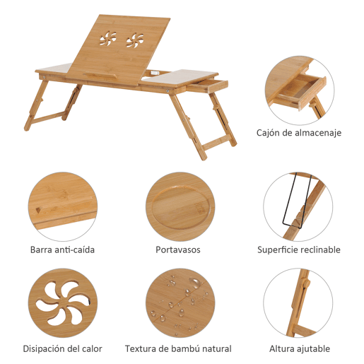 HOMCOM Mesa de Computador Portátil de Bambu Dobrável Reclinável e Altura Ajustável Mesa Auxiliar com1 Gaveta 72x35x22-30 cm Madeira