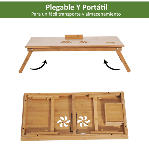 HOMCOM Mesa de Computador Portátil de Bambu Dobrável Reclinável e Altura Ajustável Mesa Auxiliar com1 Gaveta 72x35x22-30 cm Madeira