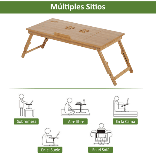 HOMCOM Mesa de Computador Portátil de Bambu Dobrável Reclinável e Altura Ajustável Mesa Auxiliar com1 Gaveta 72x35x22-30 cm Madeira