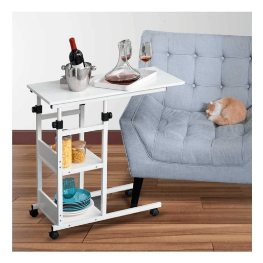 HOMCOM Mesa Lateral para Sofá Mesa lateral em Forma de C com 4 rodas Giratórias Freios Altura Ajustável 3 níveis Estrutura Metálica 80x40x72-82cm Branco