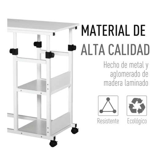 HOMCOM Mesa Lateral para Sofá Mesa lateral em Forma de C com 4 rodas Giratórias Freios Altura Ajustável 3 níveis Estrutura Metálica 80x40x72-82cm Branco