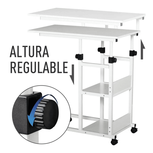 HOMCOM Mesa Lateral para Sofá Mesa lateral em Forma de C com 4 rodas Giratórias Freios Altura Ajustável 3 níveis Estrutura Metálica 80x40x72-82cm Branco
