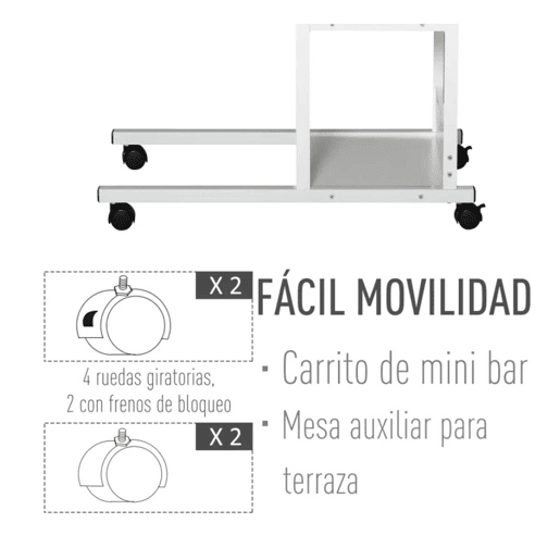 HOMCOM Mesa Lateral para Sofá Mesa lateral em Forma de C com 4 rodas Giratórias Freios Altura Ajustável 3 níveis Estrutura Metálica 80x40x72-82cm Branco