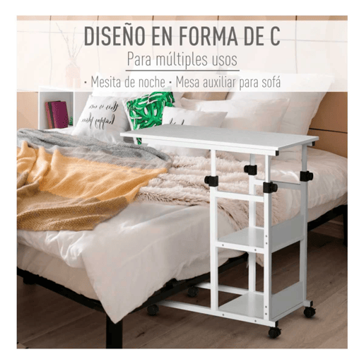 HOMCOM Mesa Lateral para Sofá Mesa lateral em Forma de C com 4 rodas Giratórias Freios Altura Ajustável 3 níveis Estrutura Metálica 80x40x72-82cm Branco