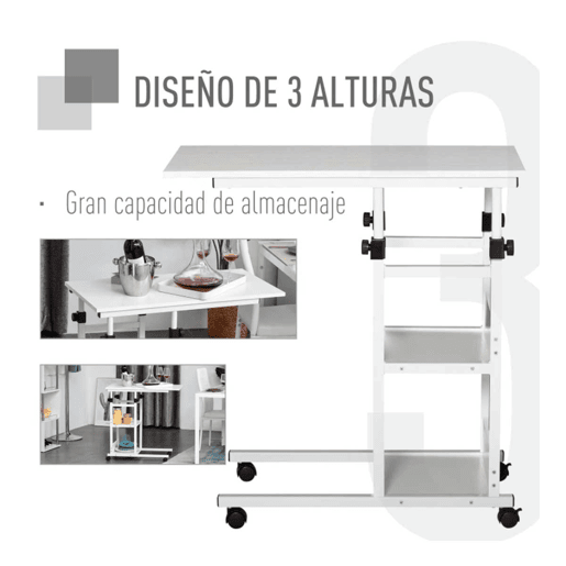 HOMCOM Mesa Lateral para Sofá Mesa lateral em Forma de C com 4 rodas Giratórias Freios Altura Ajustável 3 níveis Estrutura Metálica 80x40x72-82cm Branco