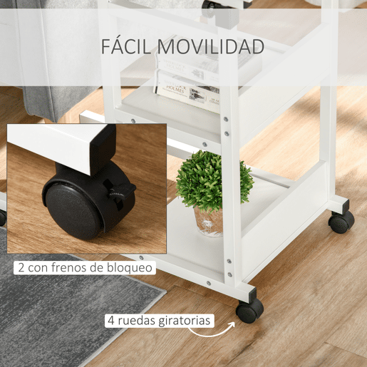 HOMCOM Mesa Lateral para Sofá Mesa lateral em Forma de C com 4 rodas Giratórias Freios Altura Ajustável 3 níveis Estrutura Metálica 80x40x72-82cm Branco