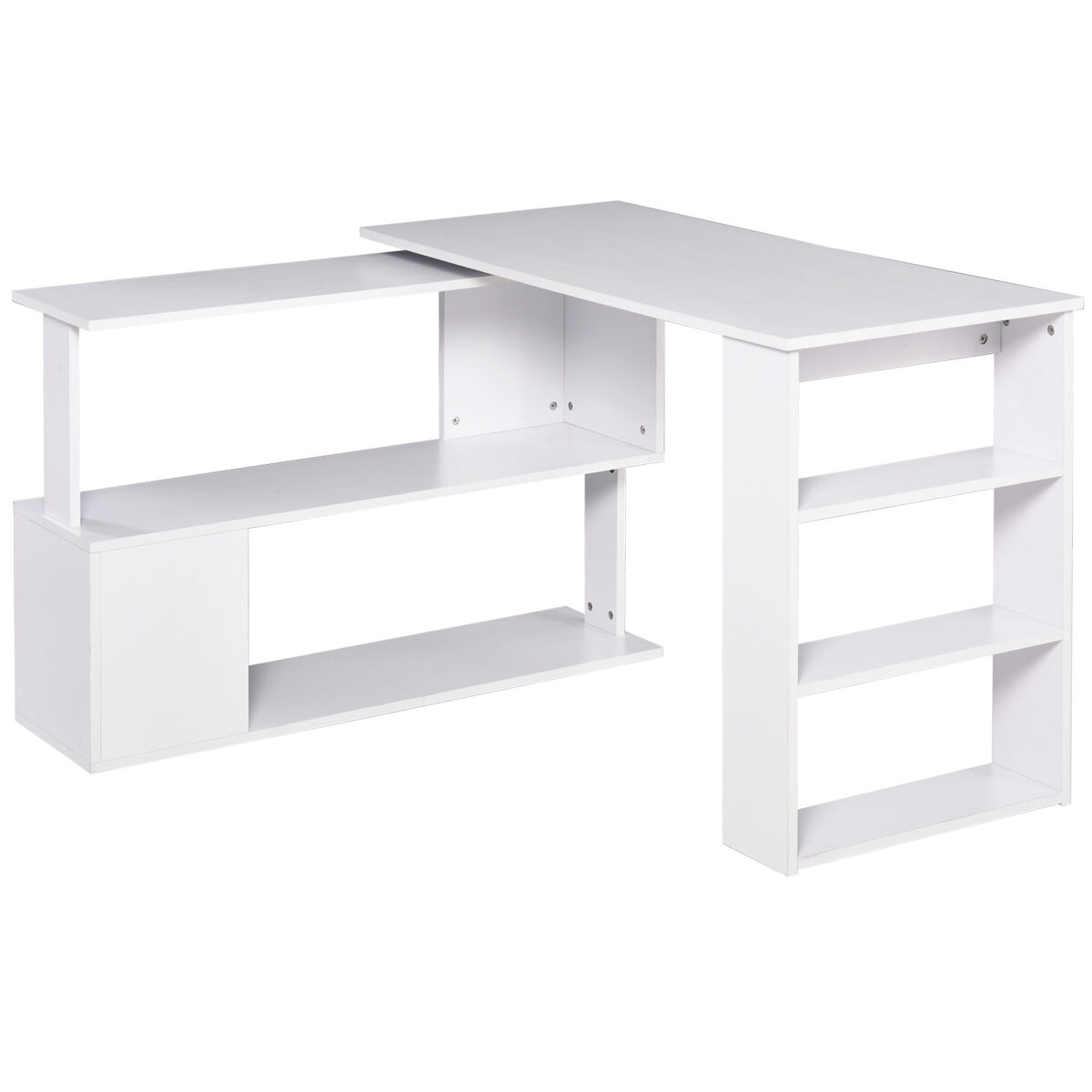Homcom escritorio esquinero giratorio, 120x110 cm, escritorio en l, mesa de escritorio con estantes, para oficina en casa, estudio, hogar, blanco