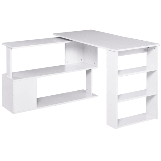 HOMCOM Secretária para Computador Mesa de Canto Rotação 360° Multiformes para Casa, Escola e Escritório 5 Prateleiras Estante Branca