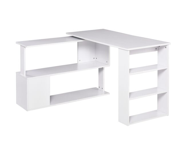 Homcom escritorio esquinero giratorio, 120x110 cm, escritorio en l, mesa de escritorio con estantes, para oficina en casa, estudio, hogar, blanco