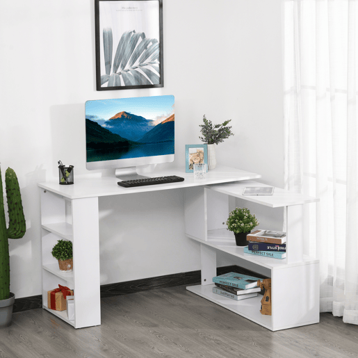 HOMCOM Secretária para Computador Mesa de Canto Rotação 360° Multiformes para Casa, Escola e Escritório 5 Prateleiras Estante Branca