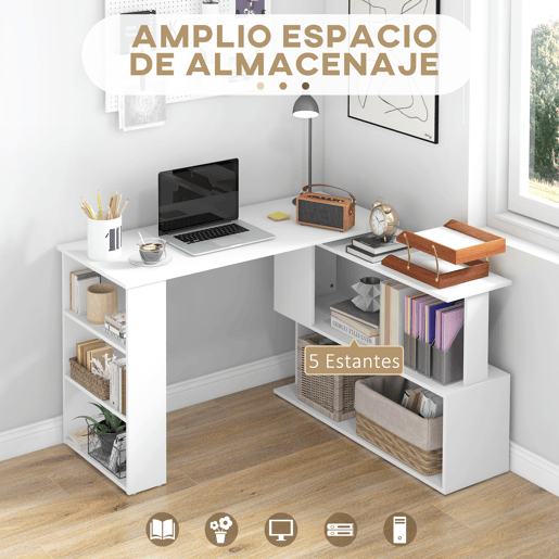 HOMCOM Secretária para Computador Mesa de Canto Rotação 360° Multiformes para Casa, Escola e Escritório 5 Prateleiras Estante Branca