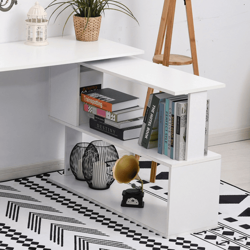 HOMCOM Secretária para Computador Mesa de Canto Rotação 360° Multiformes para Casa, Escola e Escritório 5 Prateleiras Estante Branca