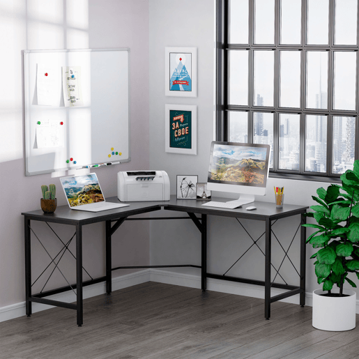 HOMCOM Secretária em Forma de L Secretária para Escritório com Estrutura de Metal Carga 70 kg Secretária de Canto para Escritório Estúdio 150x150x76 cm Preto