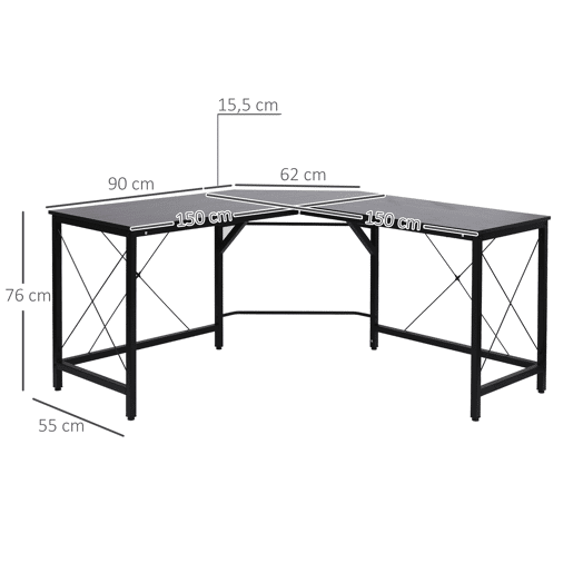 HOMCOM Secretária em Forma de L Secretária para Escritório com Estrutura de Metal Carga 70 kg Secretária de Canto para Escritório Estúdio 150x150x76 cm Preto