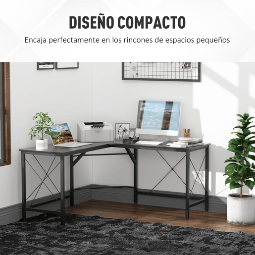 HOMCOM Secretária em Forma de L Secretária para Escritório com Estrutura de Metal Carga 70 kg Secretária de Canto para Escritório Estúdio 150x150x76 cm Preto