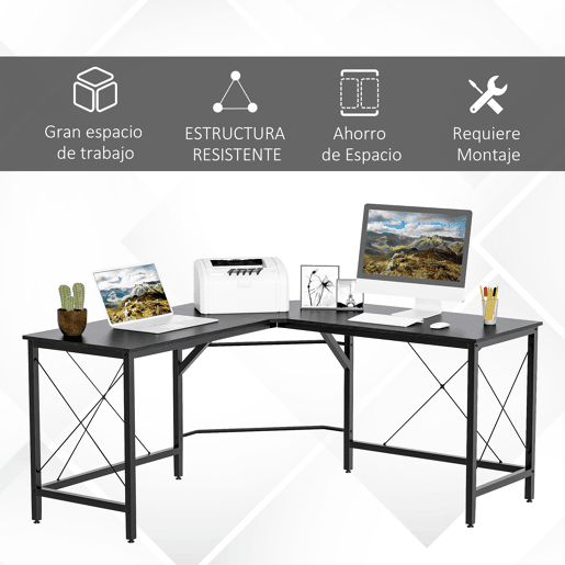 HOMCOM Secretária em Forma de L Secretária para Escritório com Estrutura de Metal Carga 70 kg Secretária de Canto para Escritório Estúdio 150x150x76 cm Preto
