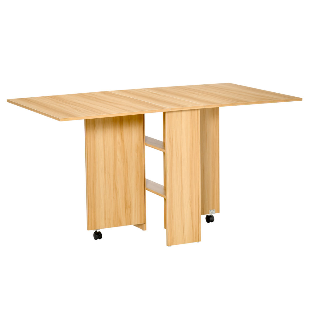 Homcom mesa plegable de comedor mesa de cocina plegable con ruedas alas abatibles y estantes para 4-6 personas 80x140x74cm cm teca