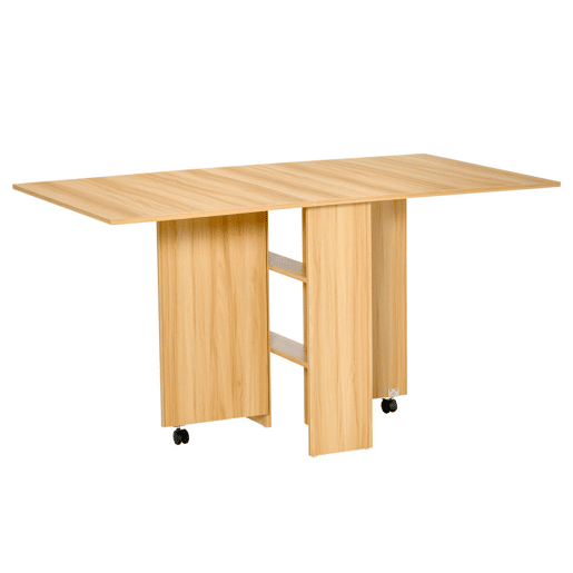 HOMCOM Mesa Dobrável de Jantar Mesa de Cozinha Dobrável com Rodas Abas Dobráveis e Prateleiras para 4-6 Pessoas 80x140x74cm Teca