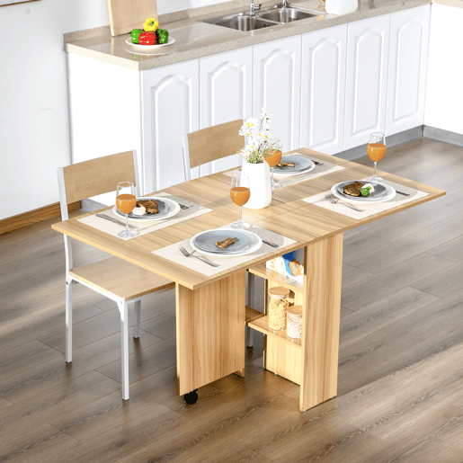 HOMCOM Mesa Dobrável de Jantar Mesa de Cozinha Dobrável com Rodas Abas Dobráveis e Prateleiras para 4-6 Pessoas 80x140x74cm Teca