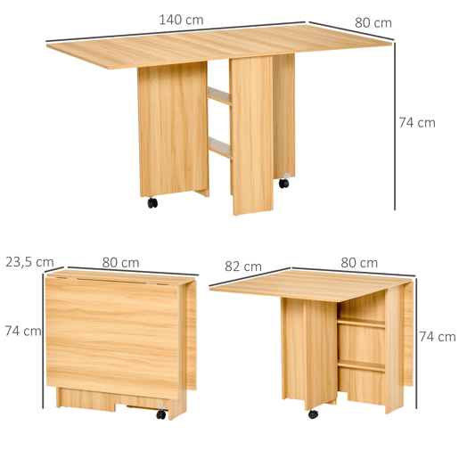 HOMCOM Mesa Dobrável de Jantar Mesa de Cozinha Dobrável com Rodas Abas Dobráveis e Prateleiras para 4-6 Pessoas 80x140x74cm Teca