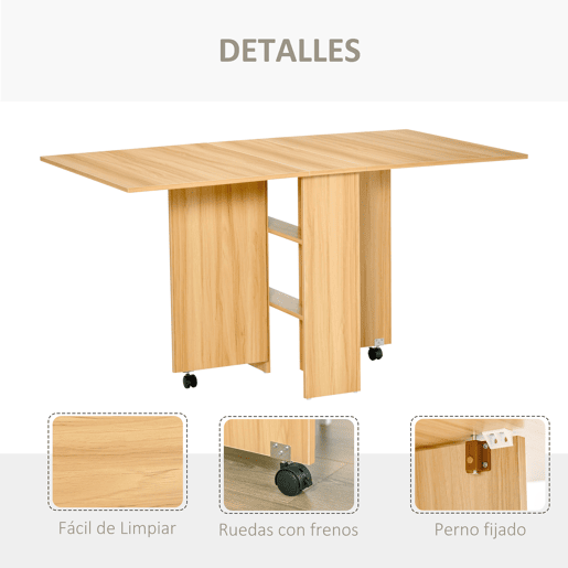 HOMCOM Mesa Dobrável de Jantar Mesa de Cozinha Dobrável com Rodas Abas Dobráveis e Prateleiras para 4-6 Pessoas 80x140x74cm Teca