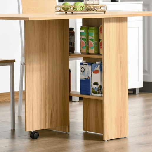 HOMCOM Mesa Dobrável de Jantar Mesa de Cozinha Dobrável com Rodas Abas Dobráveis e Prateleiras para 4-6 Pessoas 80x140x74cm Teca