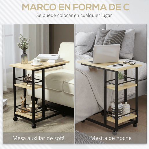 HOMCOM Mesa Auxiliar com Rodas Mesa Lateral em Forma de C para Sofá Cama com 2 Prateleiras e Freios para Dormitório Sala de Estar Estilo Moderno 60x34,5x64,5cm Madeira HOMCOM Mesa Auxiliar com Rodas Mesa Lateral em Forma de C para Sofá Cama com 2 Prateleiras e Freios para Dormitório Sala de Estar Estilo Moderno 60x34,5x64,5cm Madeira