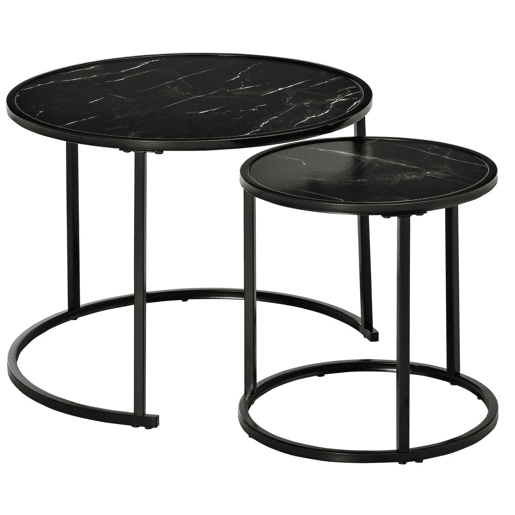 HOMCOM Conjunto de 2 Mesas Auxiliares Redondas Empilháveis Mesa de Centro Modernas com Bancada em Efeito de Mármore e Estrutura de Aço Ø60x46cm e Ø40x40cm Preto