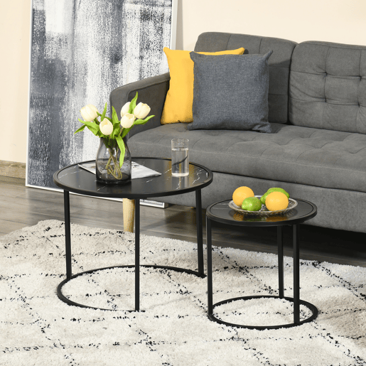 HOMCOM Conjunto de 2 Mesas Auxiliares Redondas Empilháveis Mesa de Centro Modernas com Bancada em Efeito de Mármore e Estrutura de Aço Ø60x46cm e Ø40x40cm Preto