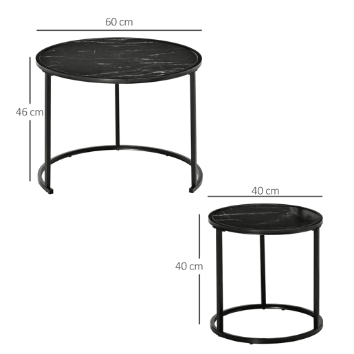 HOMCOM Conjunto de 2 Mesas Auxiliares Redondas Empilháveis Mesa de Centro Modernas com Bancada em Efeito de Mármore e Estrutura de Aço Ø60x46cm e Ø40x40cm Preto