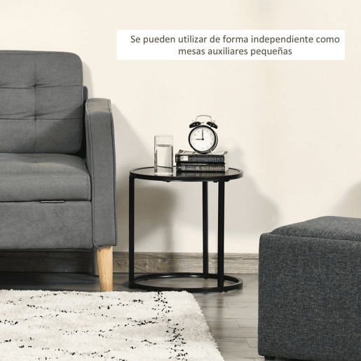HOMCOM Conjunto de 2 Mesas Auxiliares Redondas Empilháveis Mesa de Centro Modernas com Bancada em Efeito de Mármore e Estrutura de Aço Ø60x46cm e Ø40x40cm Preto