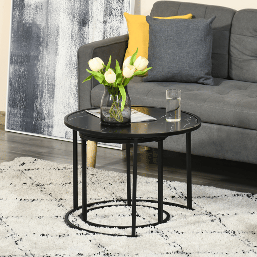 HOMCOM Conjunto de 2 Mesas Auxiliares Redondas Empilháveis Mesa de Centro Modernas com Bancada em Efeito de Mármore e Estrutura de Aço Ø60x46cm e Ø40x40cm Preto