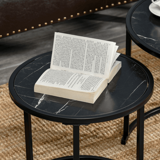 HOMCOM Conjunto de 2 Mesas Auxiliares Redondas Empilháveis Mesa de Centro Modernas com Bancada em Efeito de Mármore e Estrutura de Aço Ø60x46cm e Ø40x40cm Preto