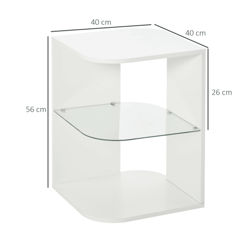 HOMCOM Mesa Auxiliar Moderna Mesa de Cabeceira com 3 Prateleiras 1 de Vidro para Sala de Estar Dormitório 40x40x56cm Branco