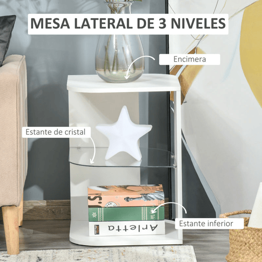 HOMCOM Mesa Auxiliar Moderna Mesa de Cabeceira com 3 Prateleiras 1 de Vidro para Sala de Estar Dormitório 40x40x56cm Branco