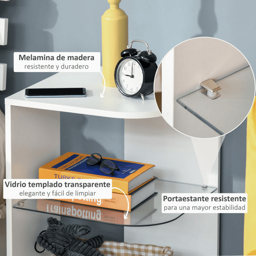 HOMCOM Mesa Auxiliar Moderna Mesa de Cabeceira com 3 Prateleiras 1 de Vidro para Sala de Estar Dormitório 40x40x56cm Branco