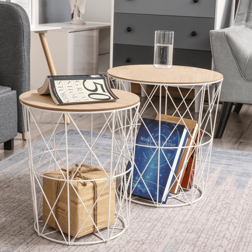 HOMCOM Conjunto de 2 Mesinhas de Café Cestos de Metal Mesa de Apoio Metálica para Sala de estar Sofá Estilo Moderno e Nórdico