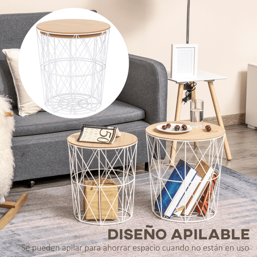 HOMCOM Conjunto de 2 Mesinhas de Café Cestos de Metal Mesa de Apoio Metálica para Sala de estar Sofá Estilo Moderno e Nórdico