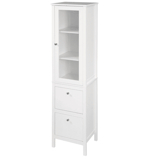 Kleankin Armário alto para banheiro Armário com 1 porta de vidro prateleiras ajustáveis e 2 gavetas 43x35x160 cm Branco